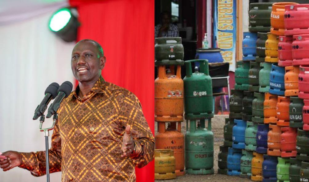 A photo collage of President William Ruto speaking (left) and a collection of LPG gas on sale(right).