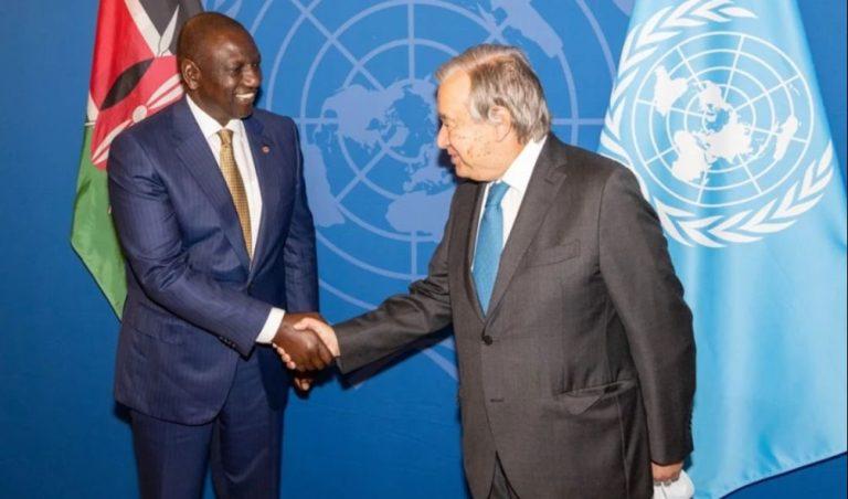 President William Ruto shakes hands with the United Nations Secretary-General Antonio Guterres in New York on September 21, 2022. PHOTO| PSCU