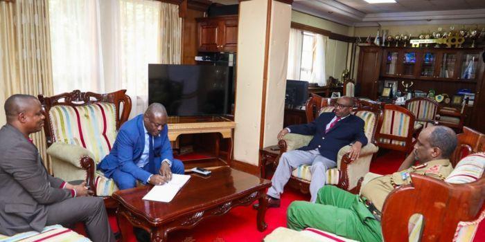 Director General of the Haitian National Police, Mr. Frantz Elbe on December 13, 2023 During a courtesy call with Inspector General National Police Service, IG Japhet Koome, at NPS Headquarters in Nairobi.