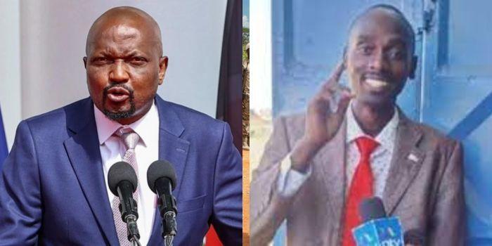 A collage of Public Service CS Moses Kuria alongside Meru-based blogger Daniel Muthiani (Sniper)