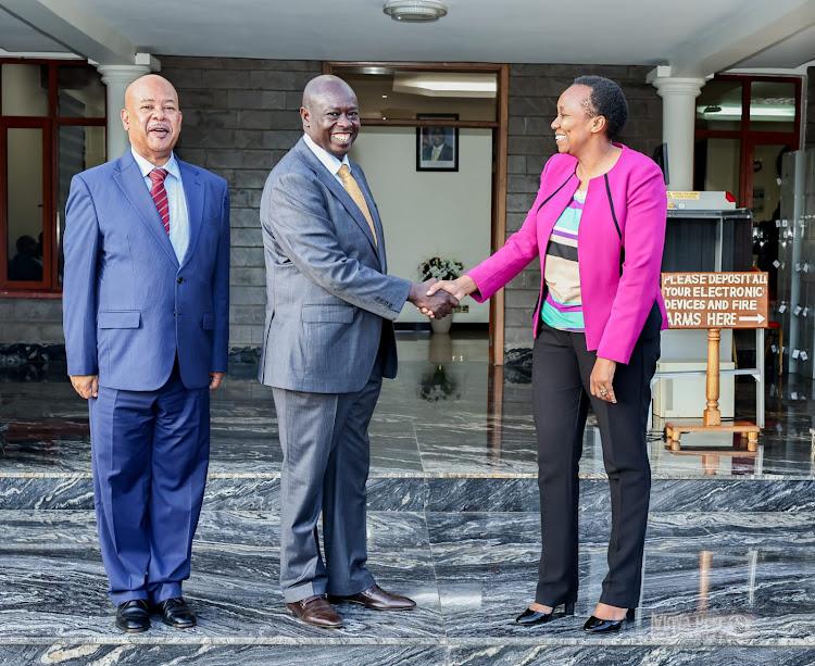 Outgoing Chief of Staff at the Office of the Deputy President George McGoye, Deputy President Rigathi Gachagua and the newly appointed Chief of Staff Wanjiku Wakogi on December 19, 2023.