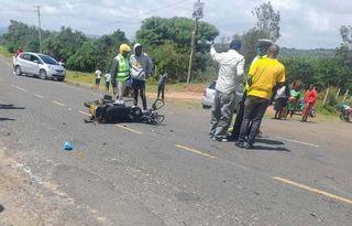 Scene of accident where three people died on the spot after the motorcycle they were riding on got involved in a head on accident with a car along Mua - Mombasa Road highway in Mavoko, Machakos County on December 26, 2023.