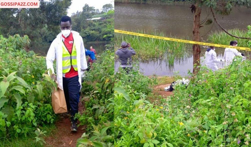 A detective carries a paper bag containing a human head believed to be that of slain university student Rita Waeni from a dam in Kiambaa, Kiambu County, January 21, 2024(Left) Detectives at the dam where a human head believed to be of Rita Waeni was recovered in Kiambaa, Kiambu County, January 21, 2024.(right)