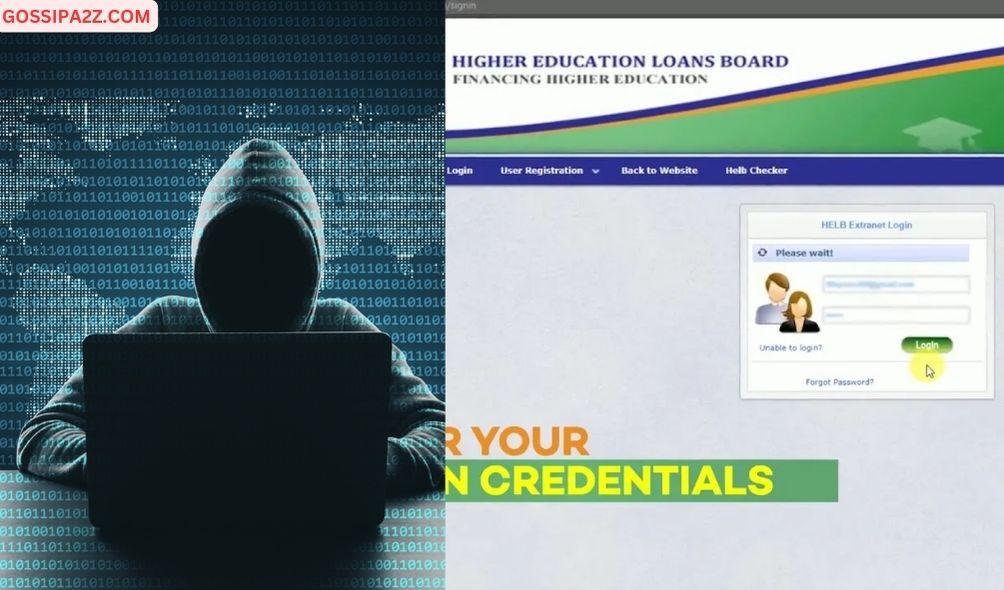 A collage of an illustration of a hacker and HELB student portal