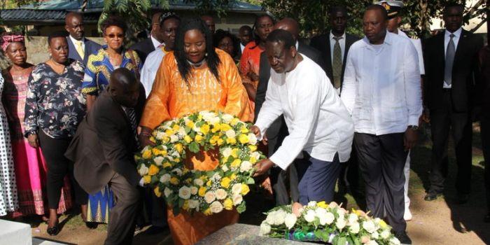 Ida Odinga and her husband Raila lay a wreath at their son's (Fidel Odinga) grave on January 4, 2019.