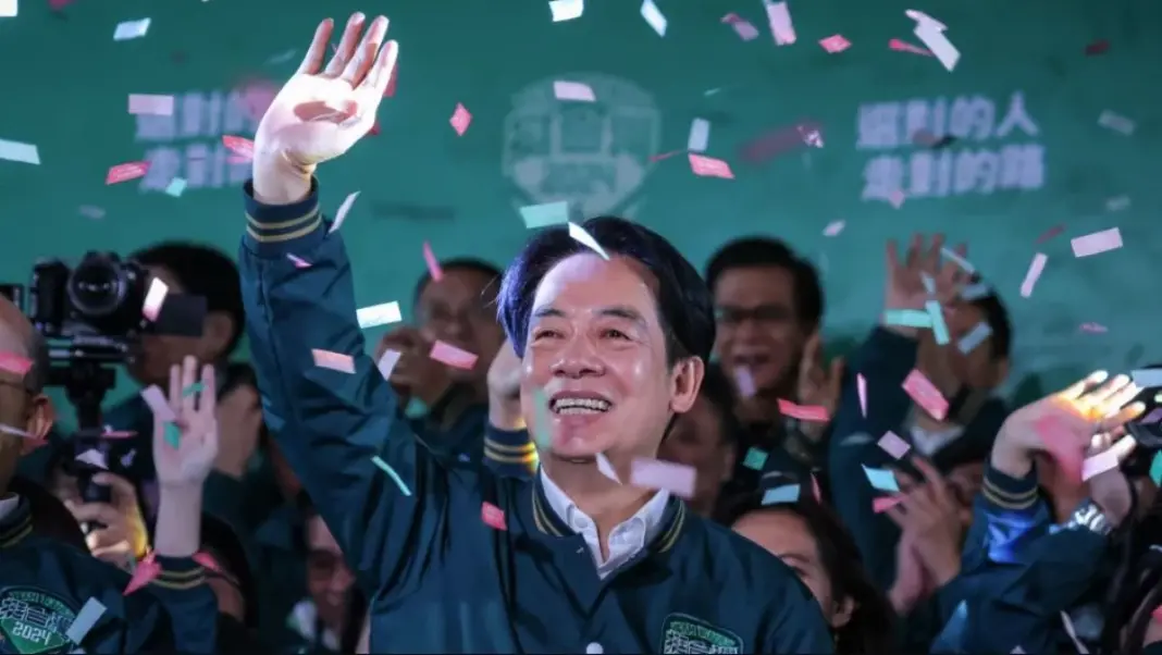 Taiwan President-elect Lai Ching-te celebrates his victory in Taipei, Taiwan, on Jan. 13, 2024.