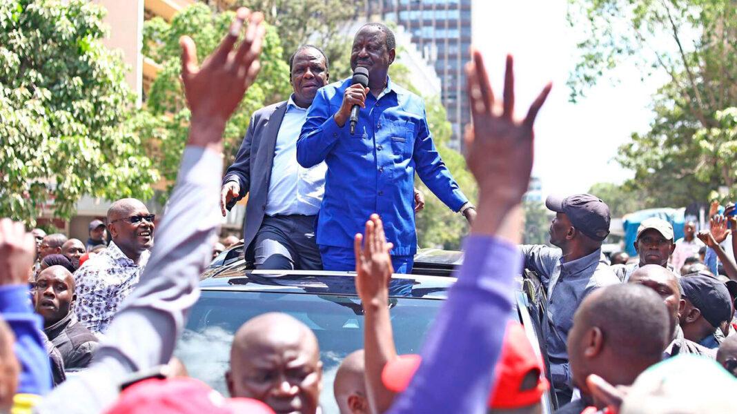 Azimio la Umoja - One Kenya Coalition leader Raila Odinga addressing his supporters outside Nairobi City Hall during his tour of the CBD on July 10, 2023.