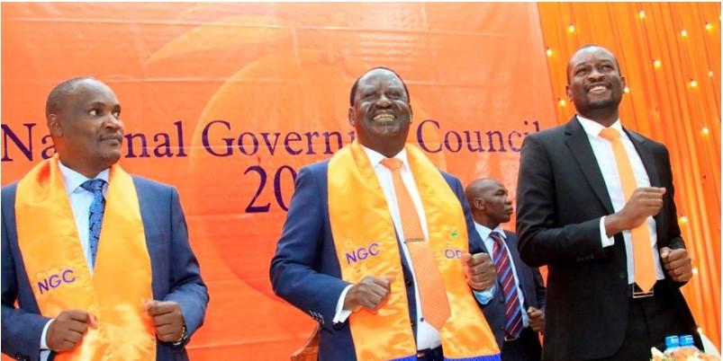 ODM party leader Raila Odinga with party Chairman John Mbadi (L) and party Secretary General Edwin Sifuna during the ODM National Governing Council meeting held in Nairobi on March 1, 2019.