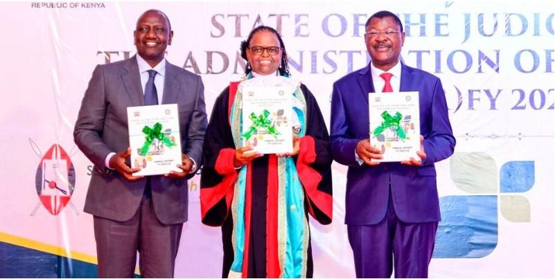 President William Ruto, Chief Justice Martha Koome and Speaker of the National Assembly Moses Wetangula during the Launch of The Judiciary and the Administration of Justice Report for Financial Year 2021/22 at Supreme Court, Nairobi on November 4, 2022.