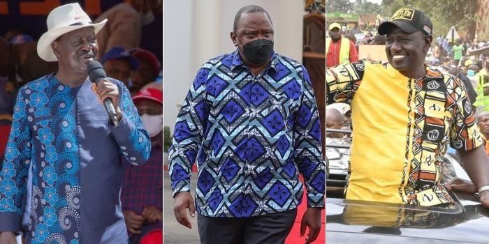 A collage photo of ODM leader Raila Odinga (left) former President Uhuru Kenyatta (centre) and President William Ruto (right) prior to the August 2022 General Election.