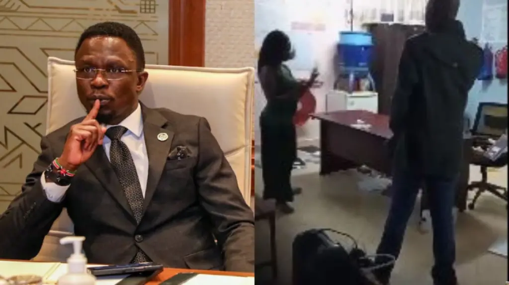 A side-by-side image of CS Ababu Namwamba and a screengrab from video of melee at Port Victoria hospital in Busia County.