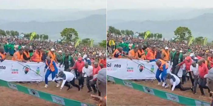 Deputy President Rigathi Gachagua falls two metres before the finish line during Tinderet Barngetuny Mountain Run National Championship in Nandi County on Sunday, January 7, 2023.