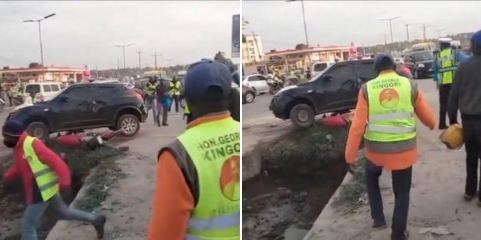 A group of rowdy boda boda riders stoning a man's car in Kitengela on January 18, 2024