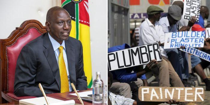 A photo collage of President William Ruto at a meeting in State House on September 2023 (left) and a group of jobseekers (right).