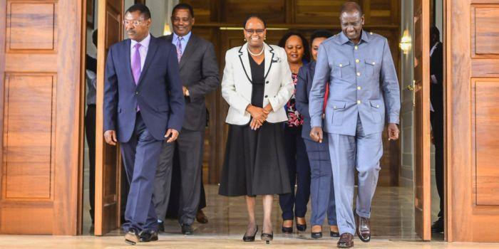 Front (From Right) President William Ruto, Chief Justice Martha Koome and National Assembly Speaker Moses Wetangula Walk into a meeting of the three arms of government at the State House on Monday, 22, January 2024.