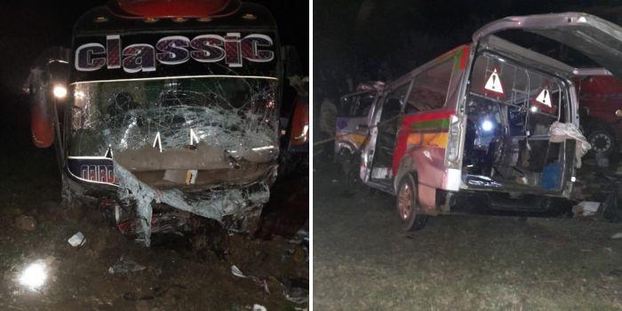 A photo collage of Classic Bus and 14-seater matatu involved in road accident at Twin Bridge area in Mau Summit along Nakuru-Eldoret Highway on January 9, 2023