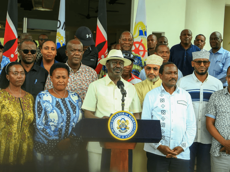 STRENGTH OF UNITY: Azimio la Umoja One Kenya coalition principals led by Raila Odinga in a meeting with the coalition governors in Mombasa on September 29, 2023.