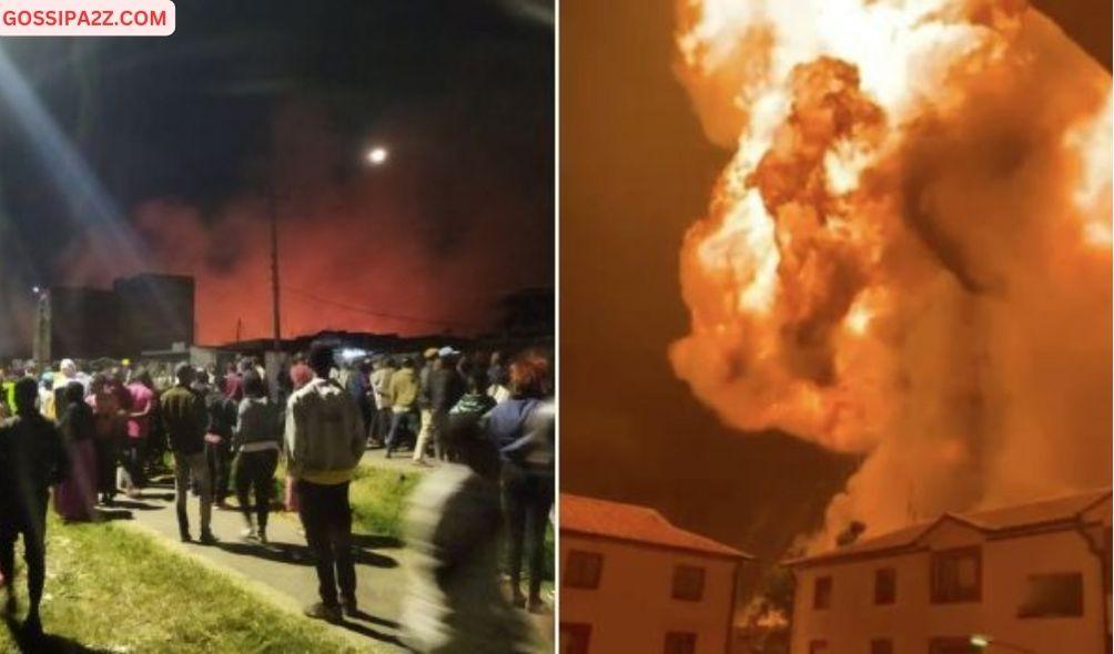 Embakasi residents watch the aftermatch of the gas explosion on February 2, 2024 (left) and the explosion caused by a gas tank (right).