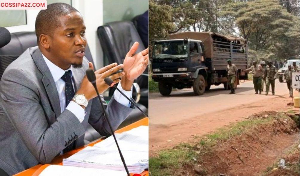 Trans Nzoia Senator Allan Chesang speaking at Senate chambers on Thursday, February 16, 2023(Left) Police officers presiding over eviction and demolition of houses in Trans Nzoia County on February 2, 2024