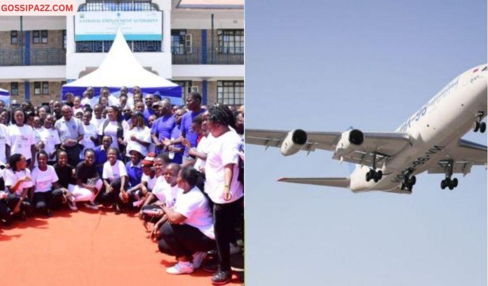 A collage of migrant workers in Nairobi Kenya on February 3, 2024, and a passenger plane in the sky.