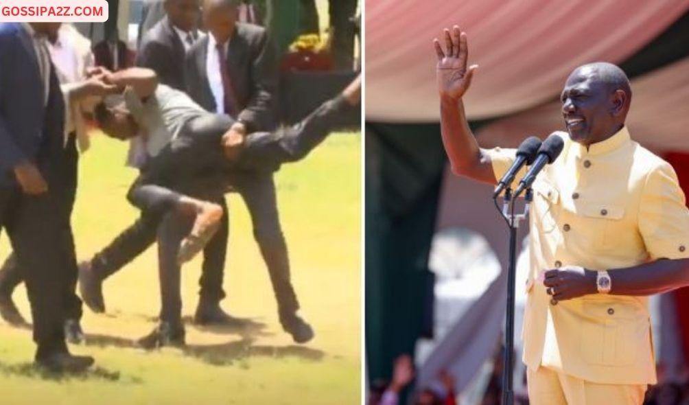 Presidential security manhandles a man (left) and President William Ruto addressing Kakamega residents.