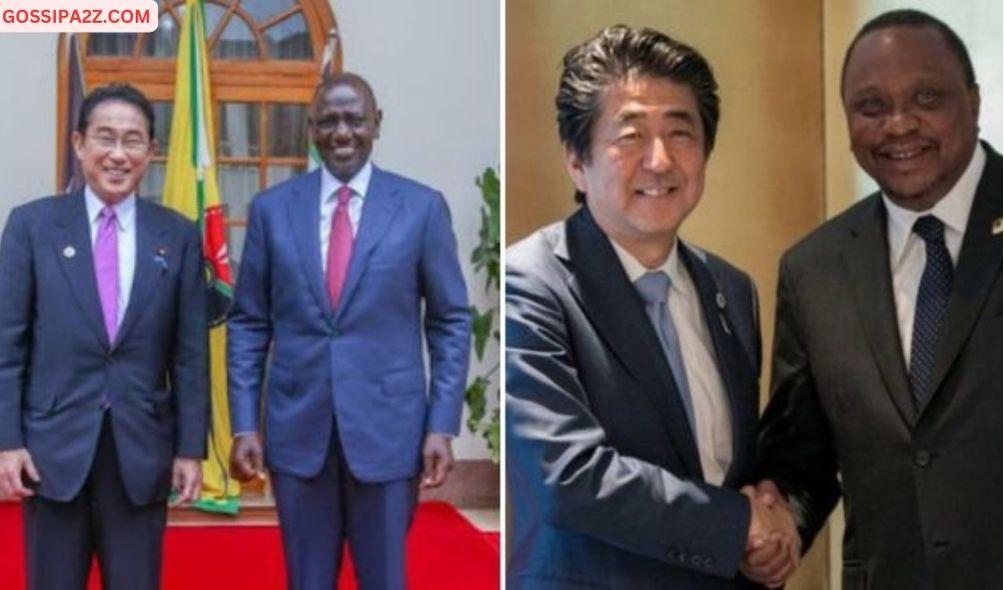 President William Ruto with Japanese PM Kishida Fumio at State House (left) and former President Uhuru Kenyatta with former Japan PM Shinzo Abe in Yokohama.