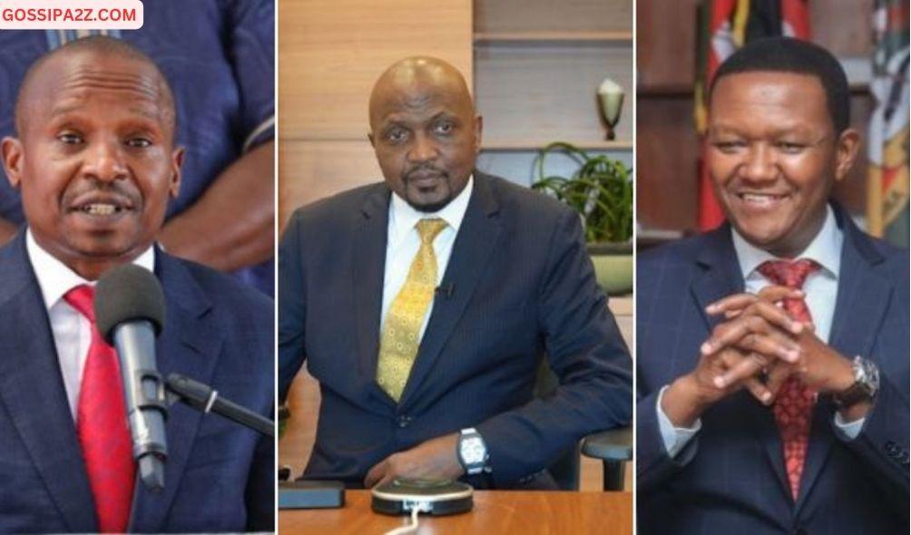 A collage of Interior CS Kithure Kindiki (left), Public Service CS Moses Kuria (centre) and Tourism CS Alfred Mutua (right)