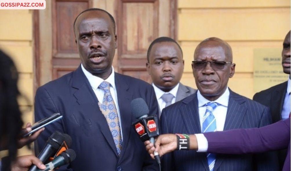 Lawyer Danstan Omari for Kakamega senator Boni Khalwele addressing journalists after issuing a defamation ldemand letter to Cleophas Shimalunya alias Toto outside Milimani Law Courts on February 7, 2024