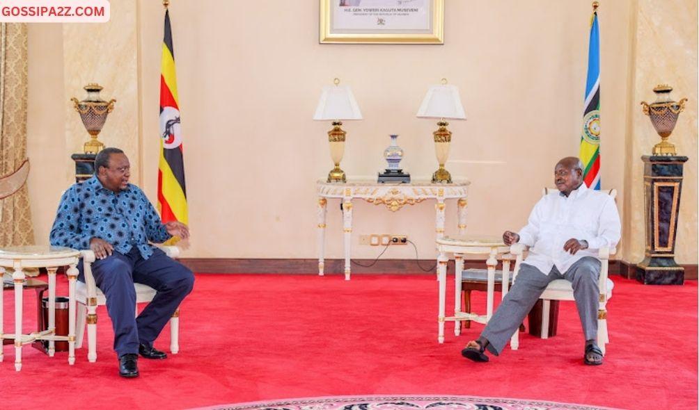 Former President Uhuru Kenyatta holding talks with Uganda's President Yoweri Museveni on February 7, 2024.