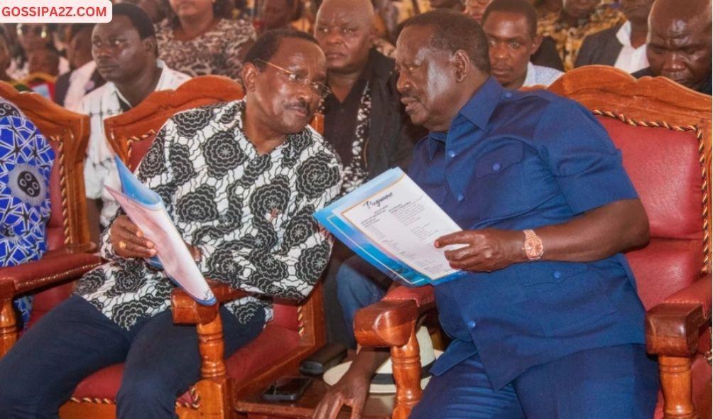 Azimio leader Raila Odinga with his co-principal and Wiper leader Kalonzo Musyoka during the funeral of the latter's brother-in-law Willy Muasya in Kitui County on February 10, 2024.