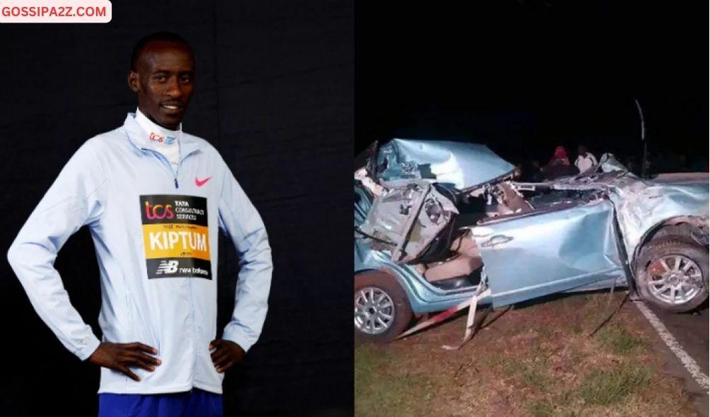 A file image of athlete Kelvin Kiptum (left) and a wreckage of his vehicle involved in road accident (right.