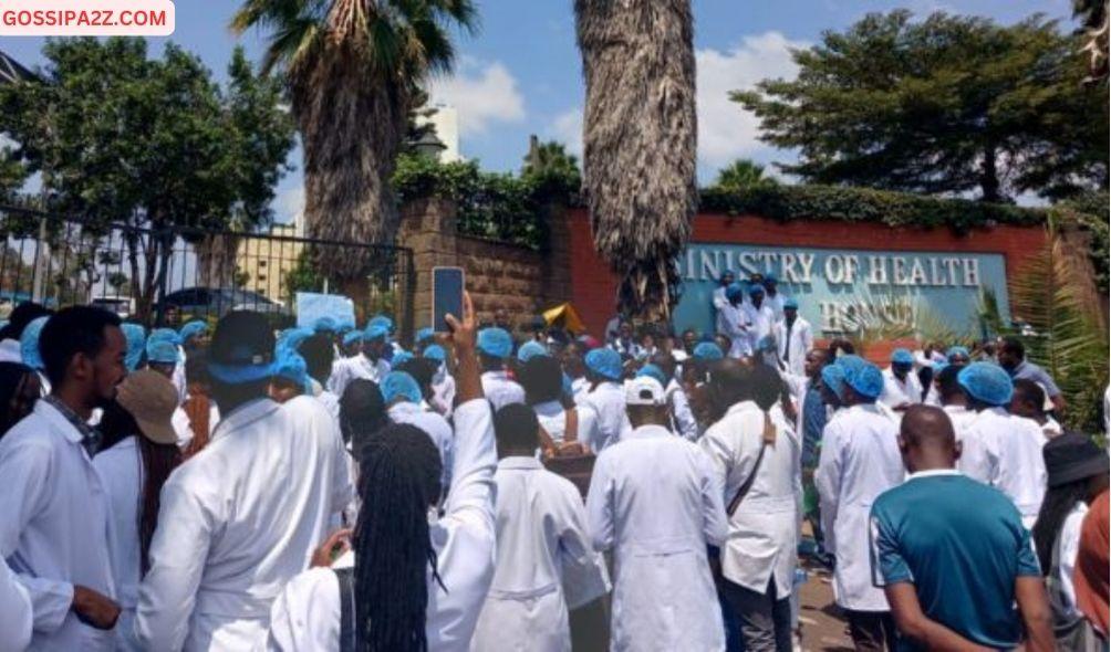 Graduate doctors and medical students stage protests outside Afya House on February 12, 2023.