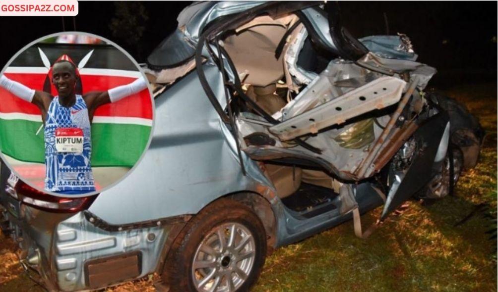 The vehicle which World Marathon record holder Kelvin Kiptum (inset), his Rwandese coach Garvais Hakizimana and another occupant were traveling in before they were involved in a fatal road crash on the Eldoret-Eldama Ravine road on February 11, 2024.