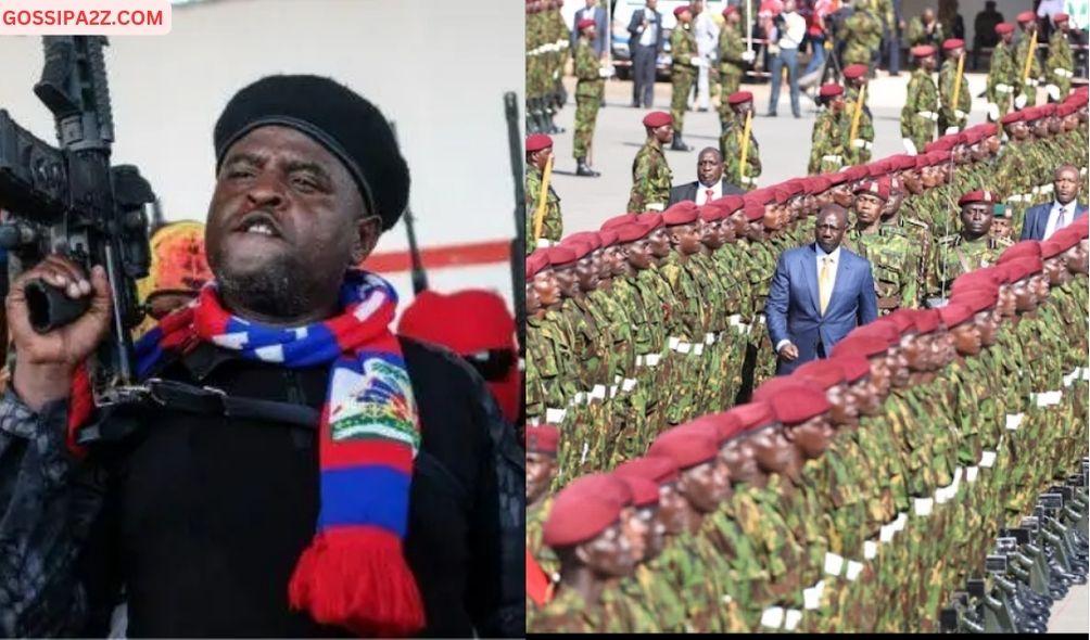 President William Ruto inspecting a parade (right) and Haiti gang leader Jimmy 'Barbecue' Cherizier.