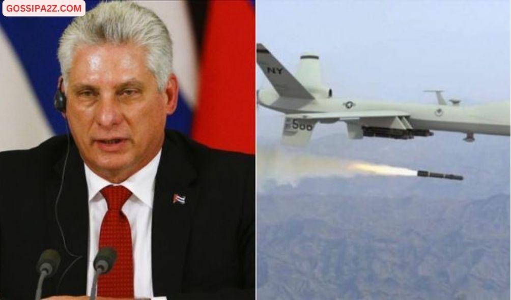 A collage of Cuban President Miguel Diaz and a US drone strike in Somalia.