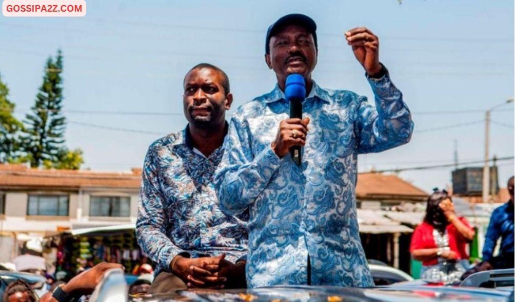 Wiper Party leader Kalonzo Musyoka (right) and Nairobi Senator Edwin Sifuna address members of the public at Kenyatta Market in Nairobi on February 18, 2024.