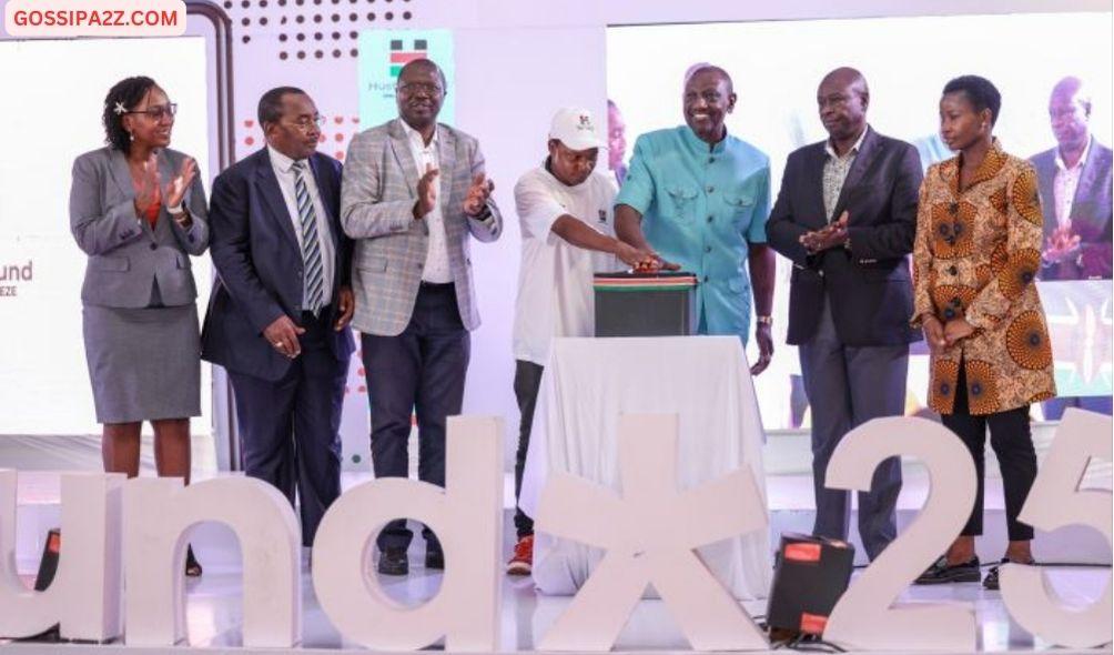 President William Ruto (in blue Kaunda suit) and other leaders during the 1st anniversary of the Hustler Fund in November 2023