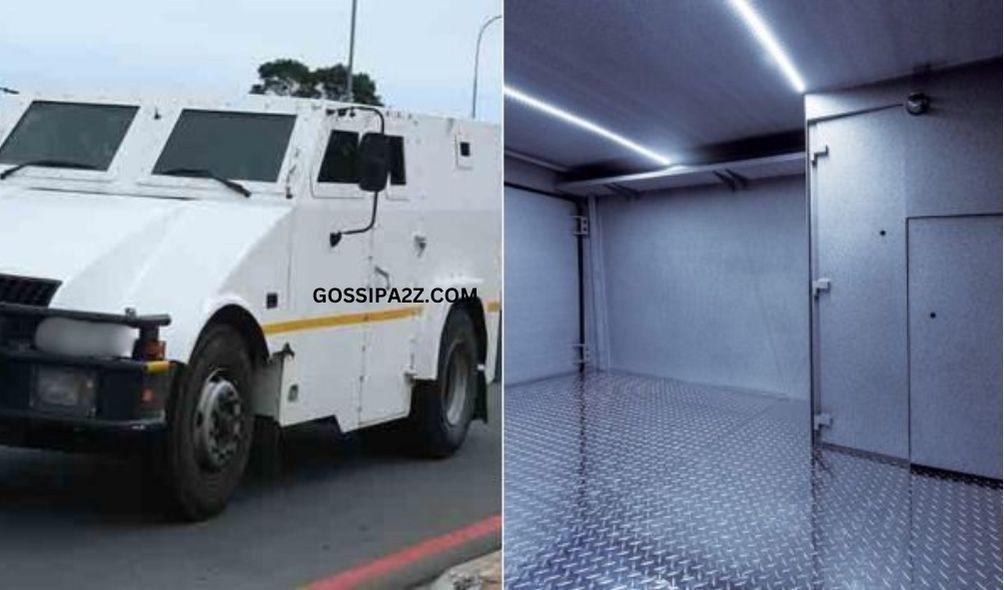 The outside and inside of an armored cash-in-transit transportation vehicle.