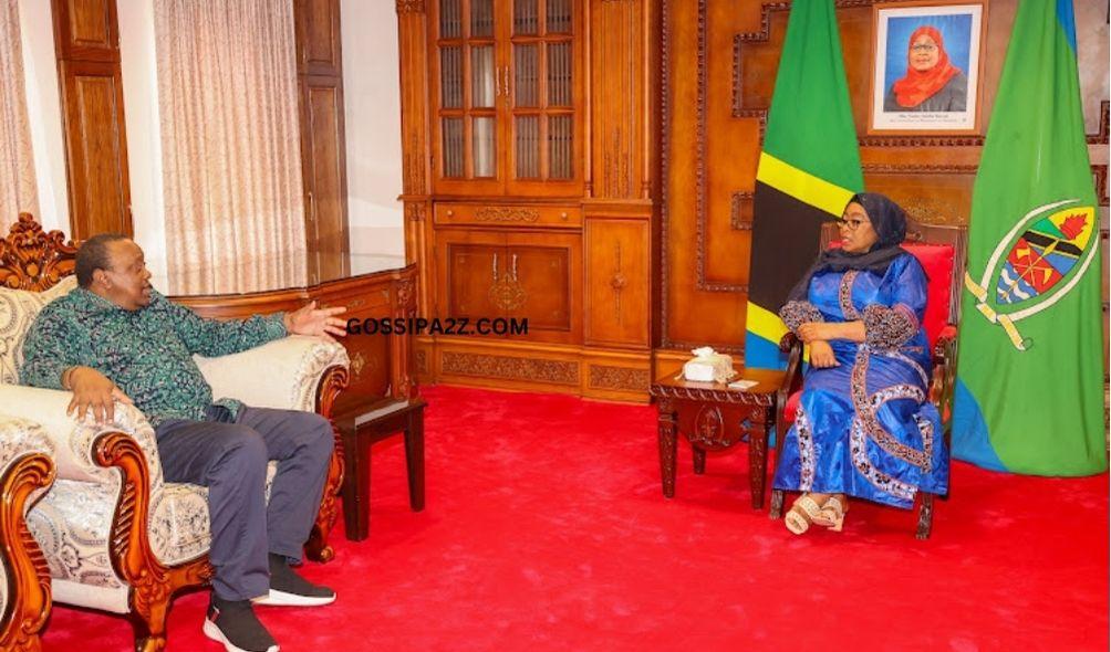 Former President Uhuru Kenyatta holds talk with Tanzania President Samia Suluhu at State State House, Zanzibar on February 21, 2024.