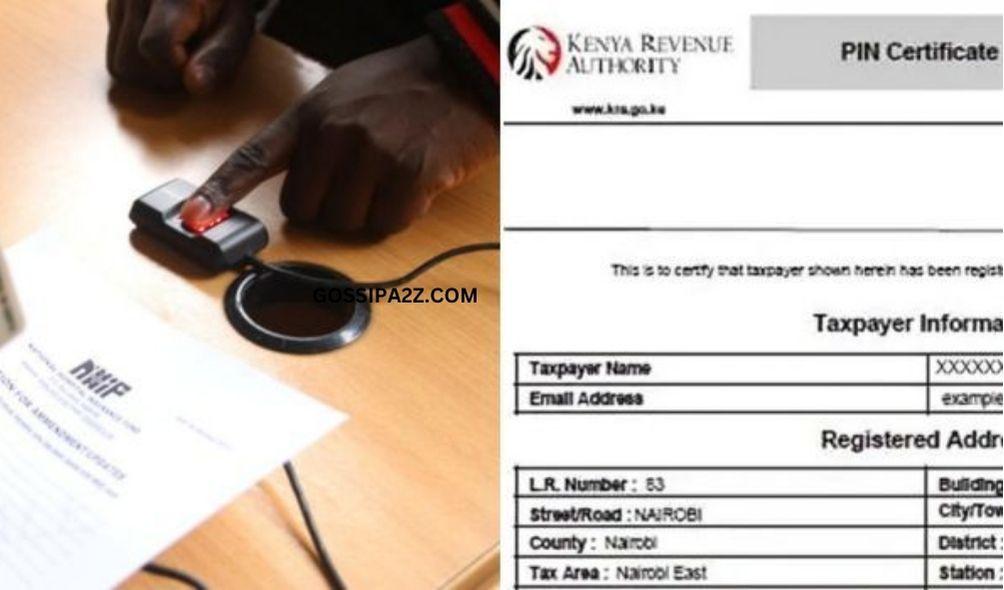 NHIF biometric registration in Nairobi in 2021 (left) and a sample of a KRA Pin certificate.