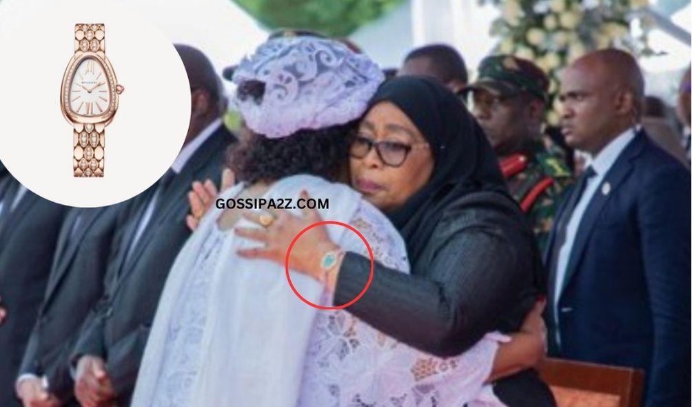 Tanzania President Samia Suluhu consoling the late Edward Ngoyai Lowassa's widow, Regina.