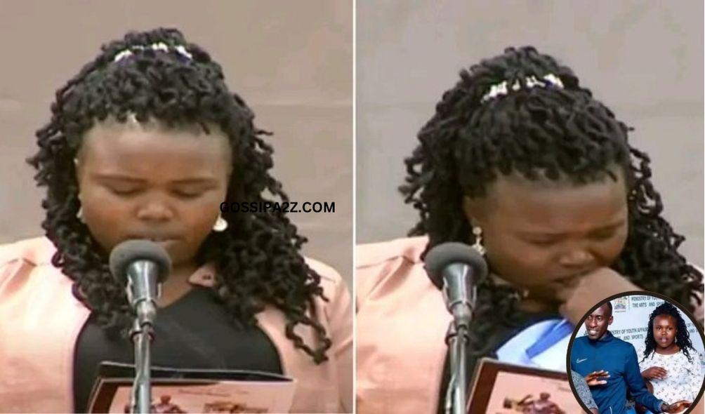 Asenath Jeruto, the wife of World Record marathon holder Kelvin Kiptum speaking at the funeral service on February 23, 2023.