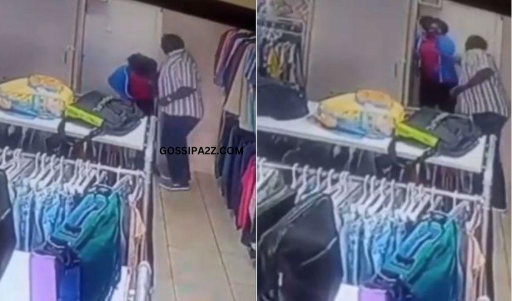 A man captured on CCTV assault a female employee inside a shop in Kangemi.