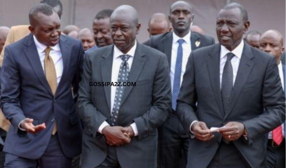 President William Ruto, Deputy President Rigathi Gachagua and Kapseret MP Oscar Sudi during the burial of the late Kelvin Kiptum on Friday, February 23, 2024.