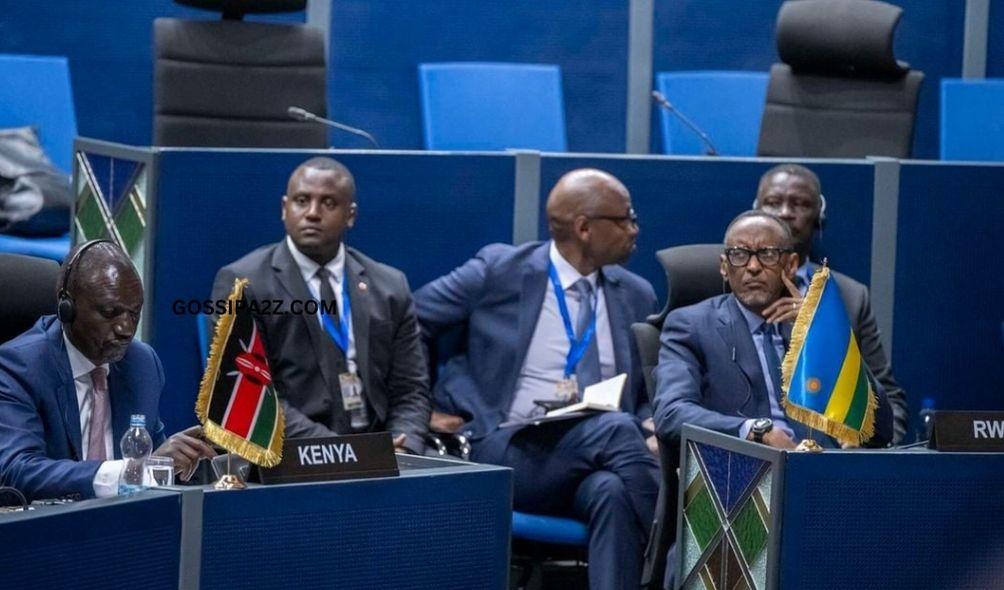 Kenya’s President William Ruto (L) and Rwanda’s Paul Kagame (far R) attend an African Union (AU) mini summit in Addias Ababa, Ethiopia on February 16, 2024.