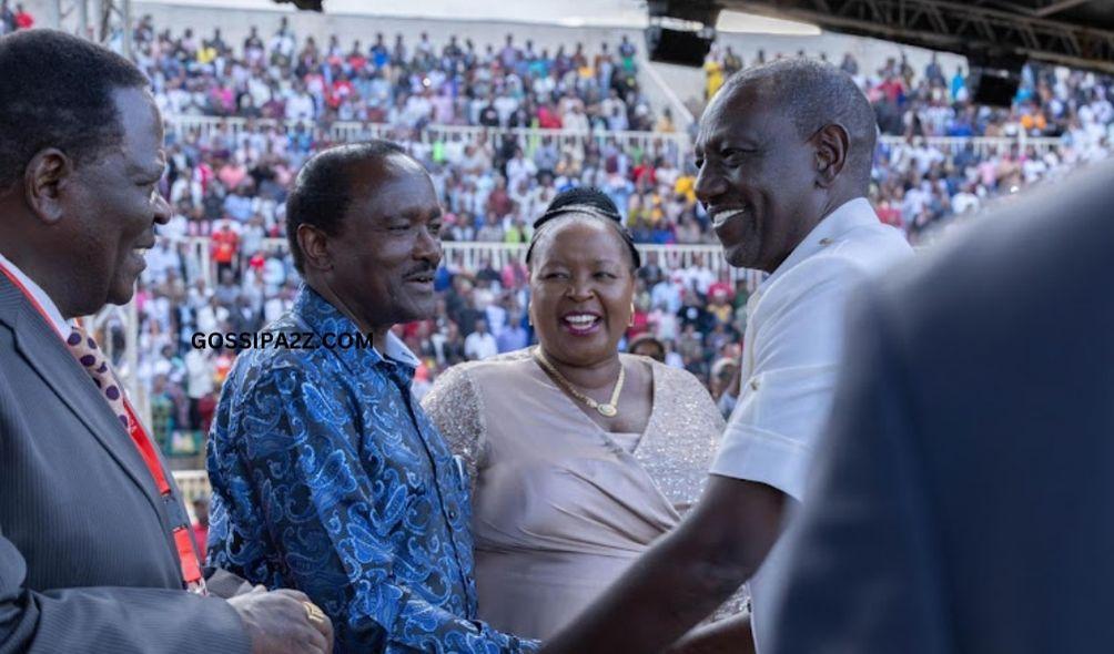 President William Ruto with Wiper leader Kalonzo Musyoka during the Benny Hinn Mega crusade at Nyayo Stadium on February 25, 2024.