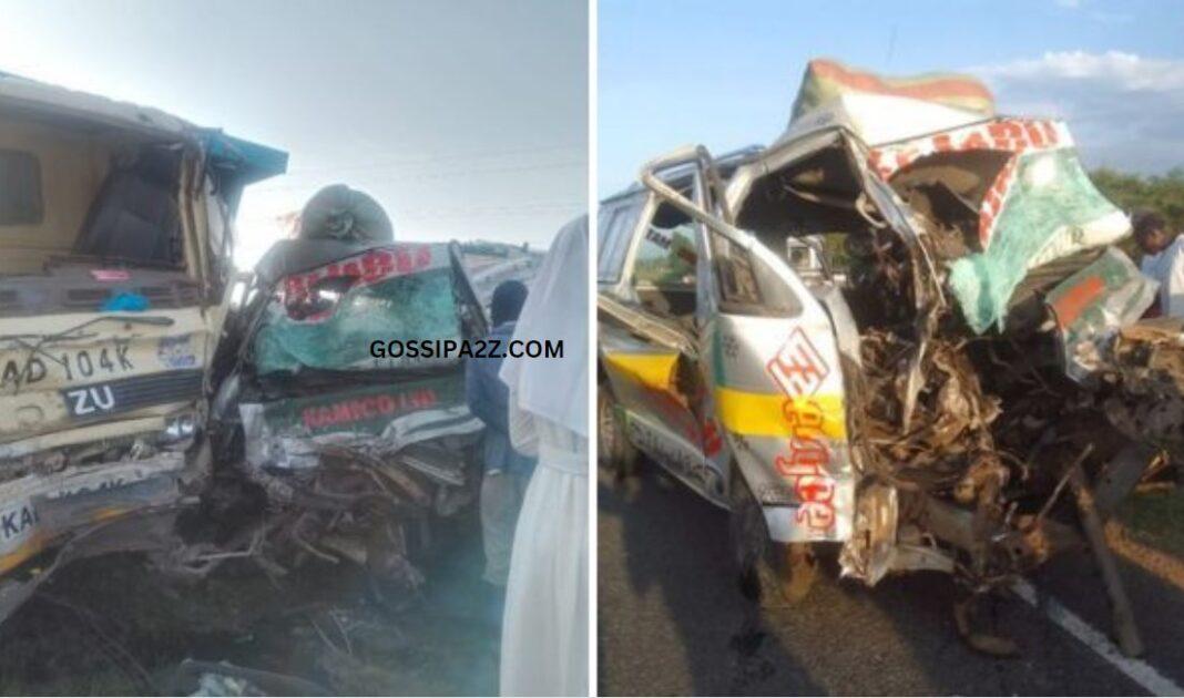 A wreckage of lorry and PSV matatu involved in an accident along Katito-Kendu Bay Highway in Kisumu on February 21, 2024