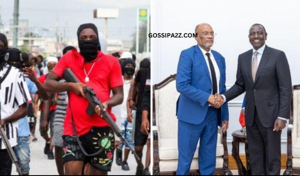 A photo collage of Haiti Gang patrolling Port-au-Prince and President William Ruto greeting Haiti Prime Minister Ariel Henry at State House, Nairobi on February 29, 2024.