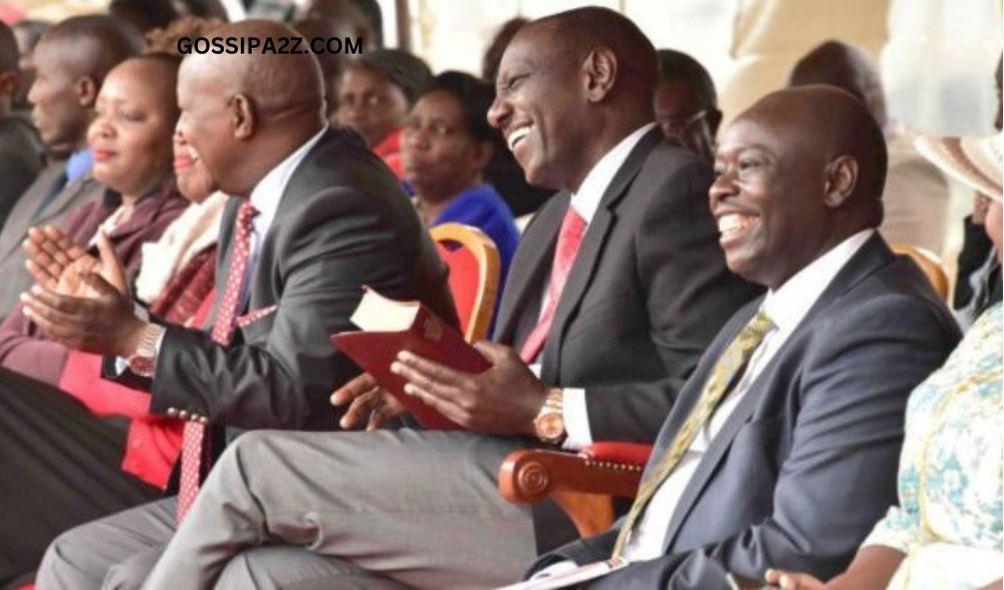 President William Ruto, Deputy President Rigathi Gachagua and Nyeri Governor Mutahi Kahiga during the ordination of Regional bishops for Pentecostal Evangelistic Fellowship of Africa (PEFA) in Karatina Stadium in Nyeri County.