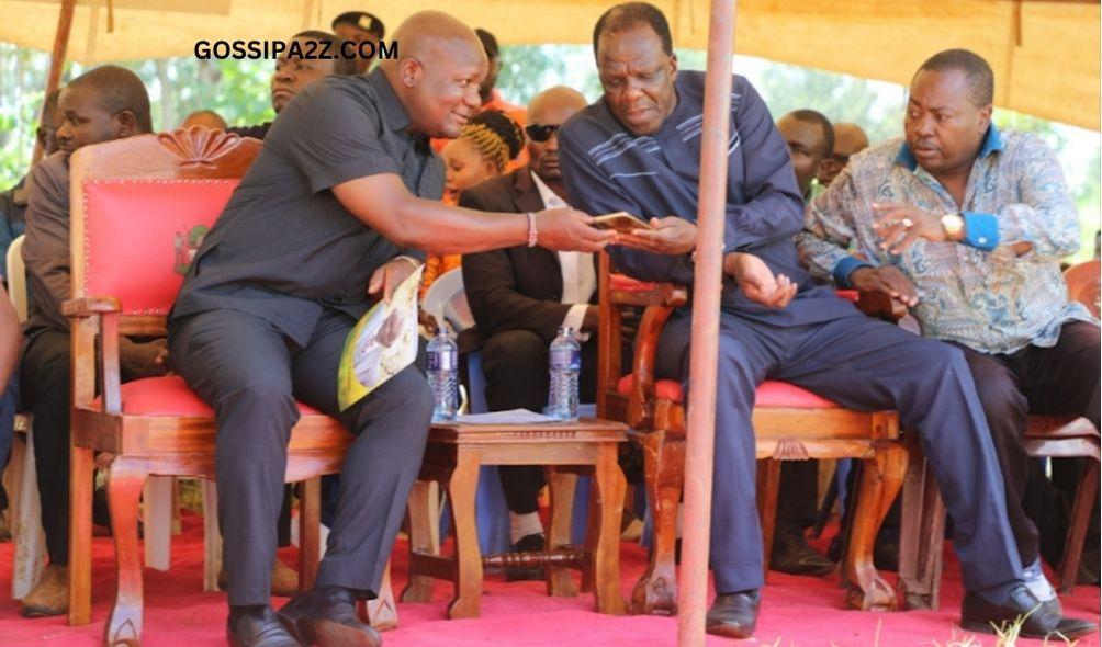 Kakamega Governor Fernandes Barasa with ODM deputy party leader Wycliffe Oparanya during a burial service in Butere constituency on March 2, 2024.